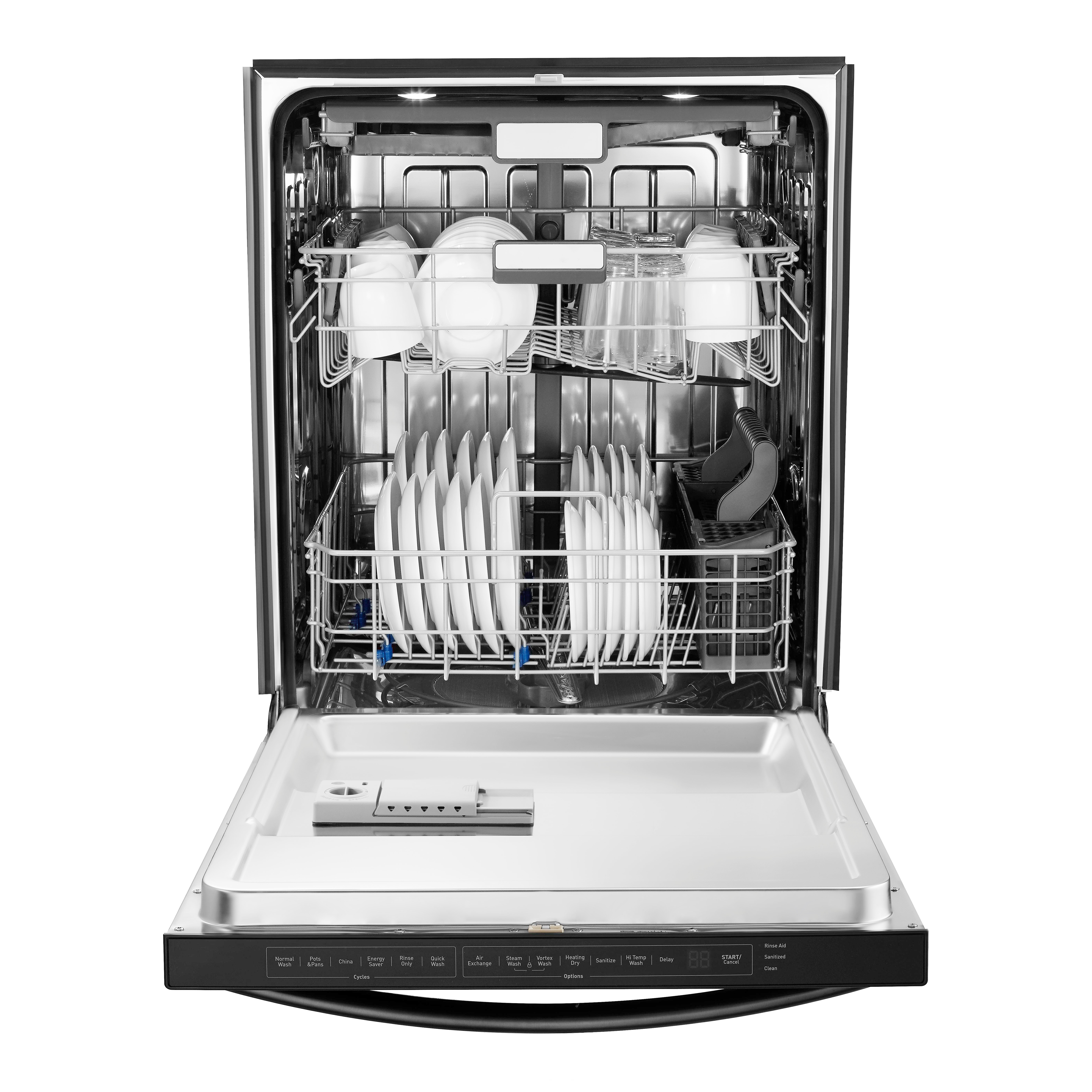 Open,Dishwasher,Isolated,On,White,Background.,Front,View,Of,Modern